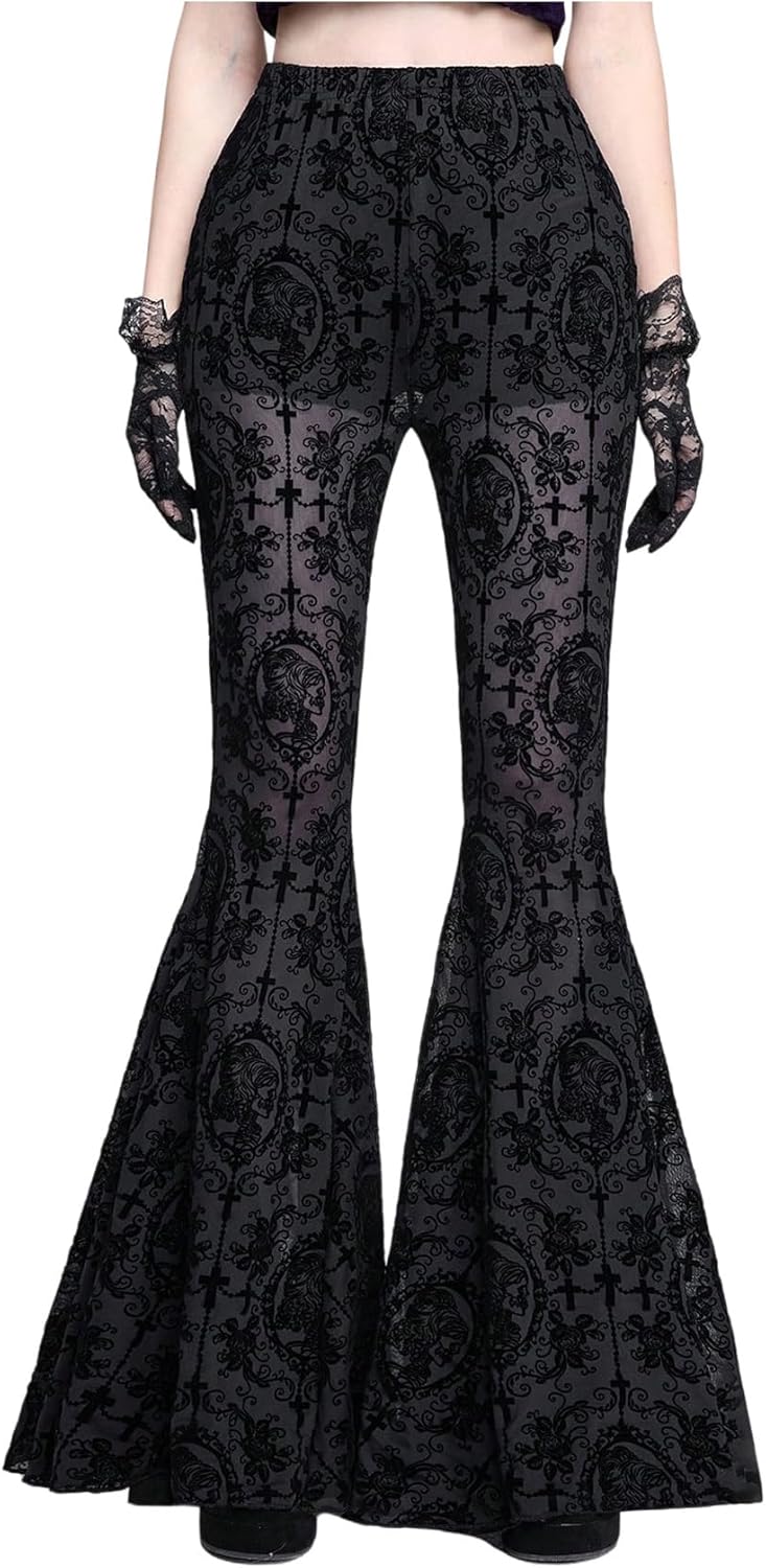 WDIRARA Women's Gothic Graphic Print Flare Pants Y2K Floral Lace High Waisted Bell Bottoms