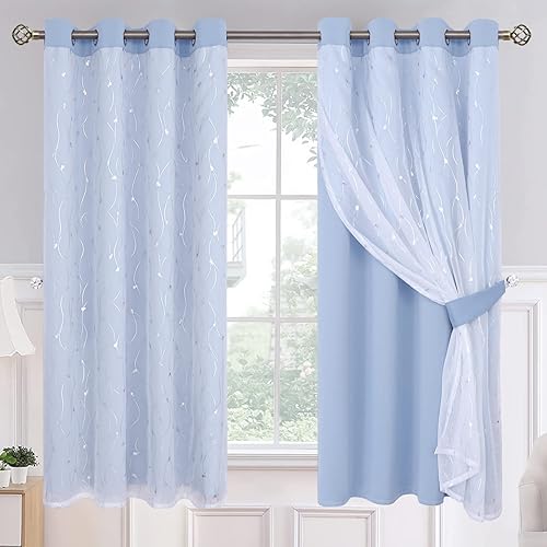 Miniatura 1 de BGment Cortinas opacas con superposición transparente, cortinas de tul plateado impreso de doble capa para sala de estar, cortinas de ventana con
