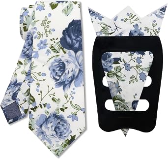 Mens Floral Tie Handkerchief Pocket Squares Holder, 2.75 Cotton Neckties for Weddings, Party, Business, Casual