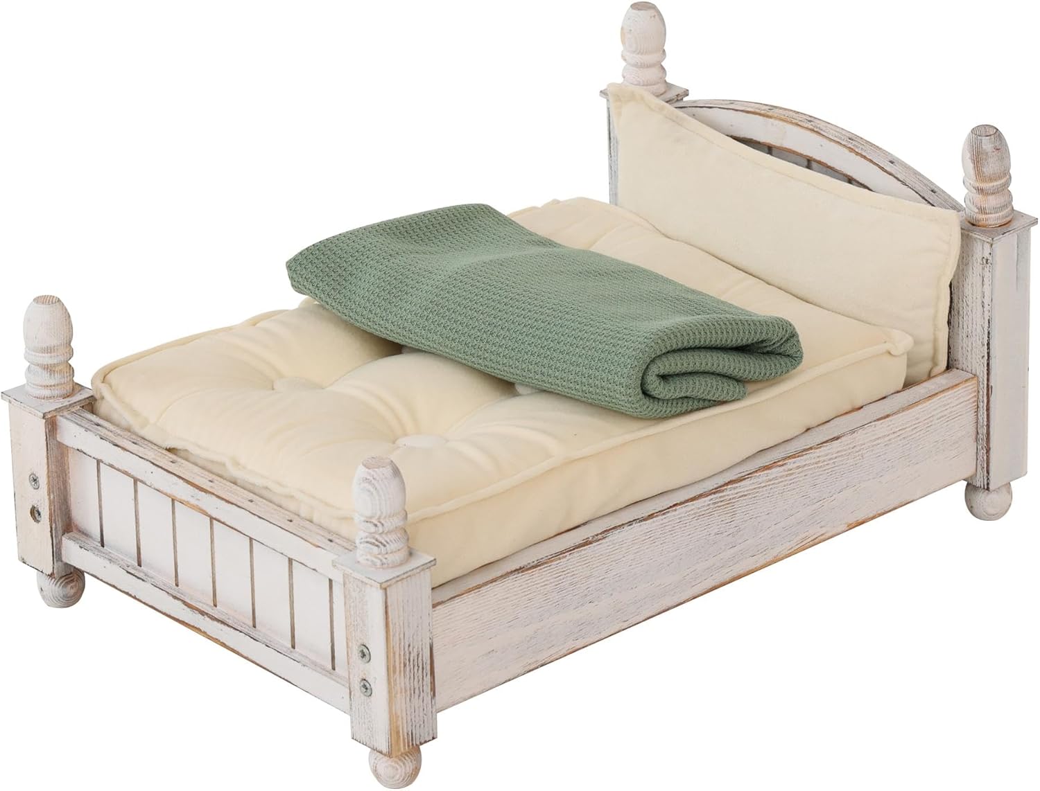 Kate Newborn Photography Props Retro Wooden Bed Posing Props Photoshoot Vintage Doll Bed with Mattress Pillow Bed Mat and Green Stretch Wrap for Baby Photography Bed with Mat and Baby Wrap Retro Wooden Bed