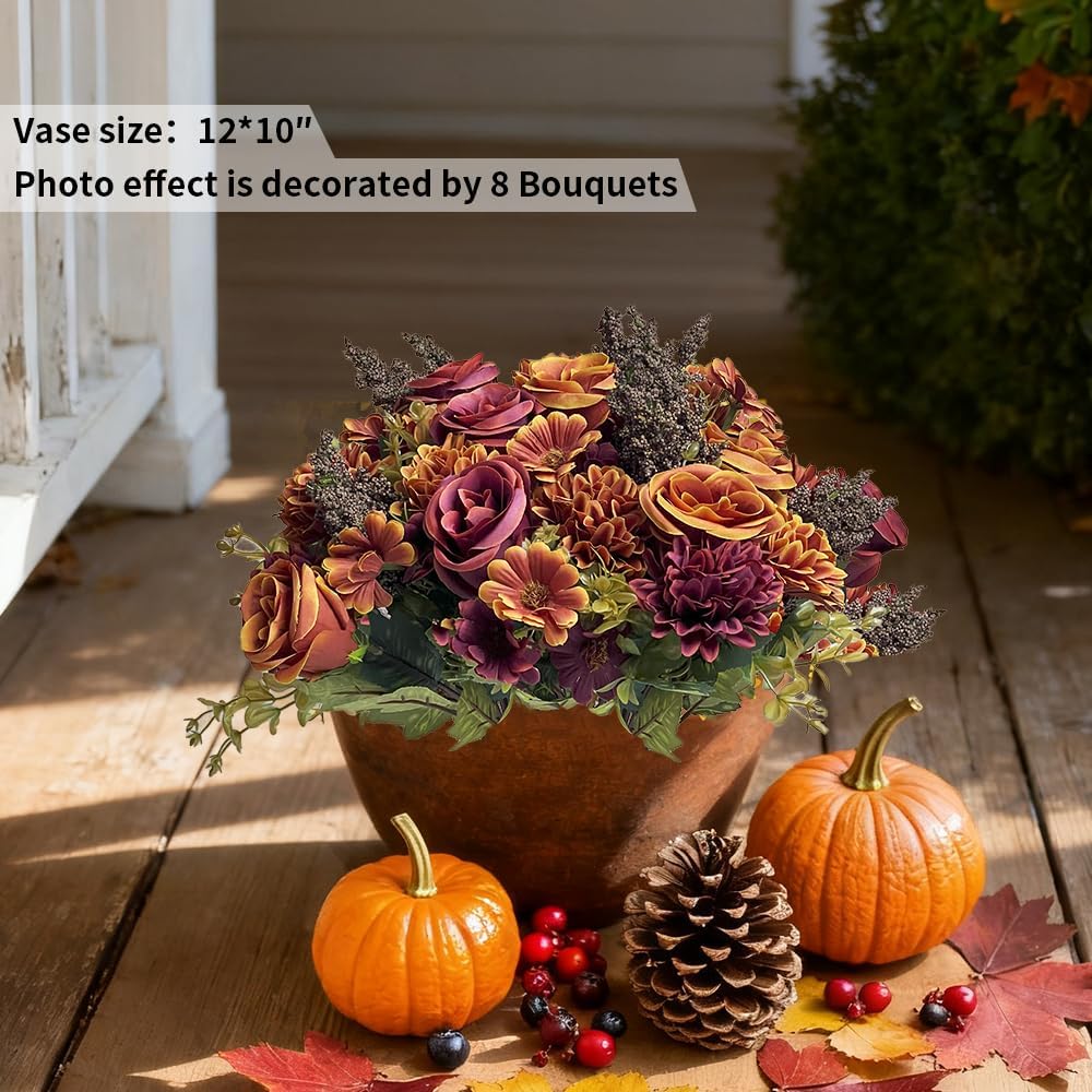 Artificial Fake Mums Flowers for Outdoors Decoration - 13 Inches 3 Bouquet Faux Fall Chrysanthemum Rose Daisy Silk Flower UV Resistant for Indoor Vase Party Table Decor - Image 2