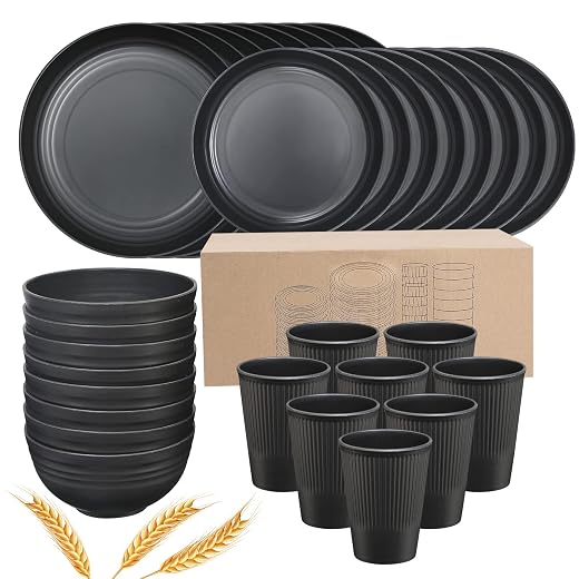 Plates and Bowls Sets for 8, 32-Piece Kitchen Dinnerware Set for 8 Tableware Wheat Straw Dinner Plates, Dessert Plates, Bowls and Cups, Dishes Set for Home Parties Camping - Black