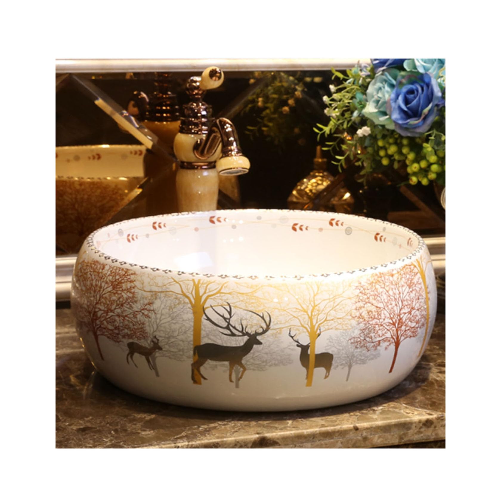Lavabo à poser motif élan et forêt pour salle de bain moderne chic