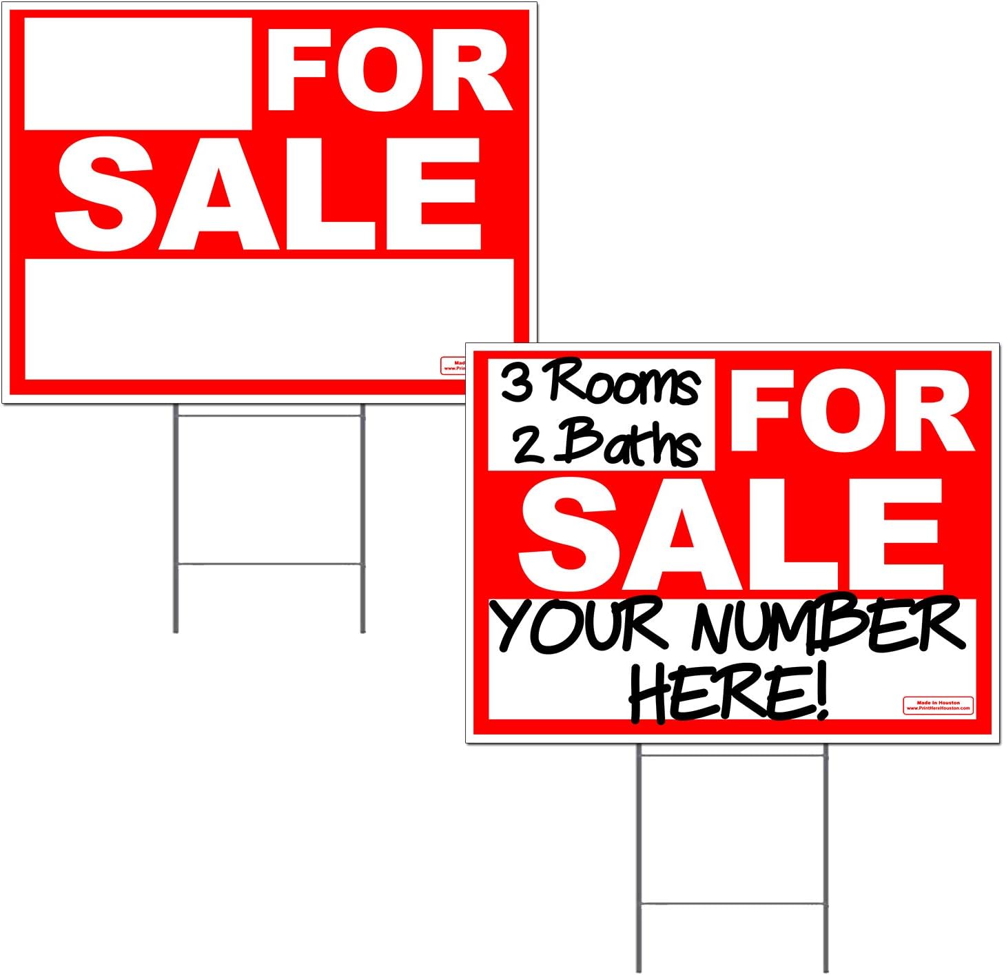 VIBE INK 2 Pack of Large 24"x18" FOR SALE (Red & White) Corrugated Plastic Yard Signs Double-Sided Digital Waterproof Print- Metal 9 Gauge H-Stake Rod INCLUDED- MADE IN AMERICA!!!