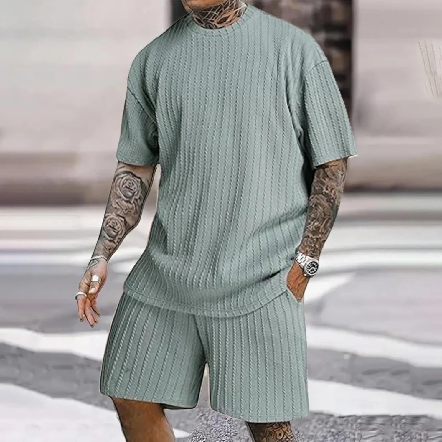 Men's Casual Suits 2 Piece Sets Summer Loose Fit Short Sleeve Button Down Shirt and Shorts