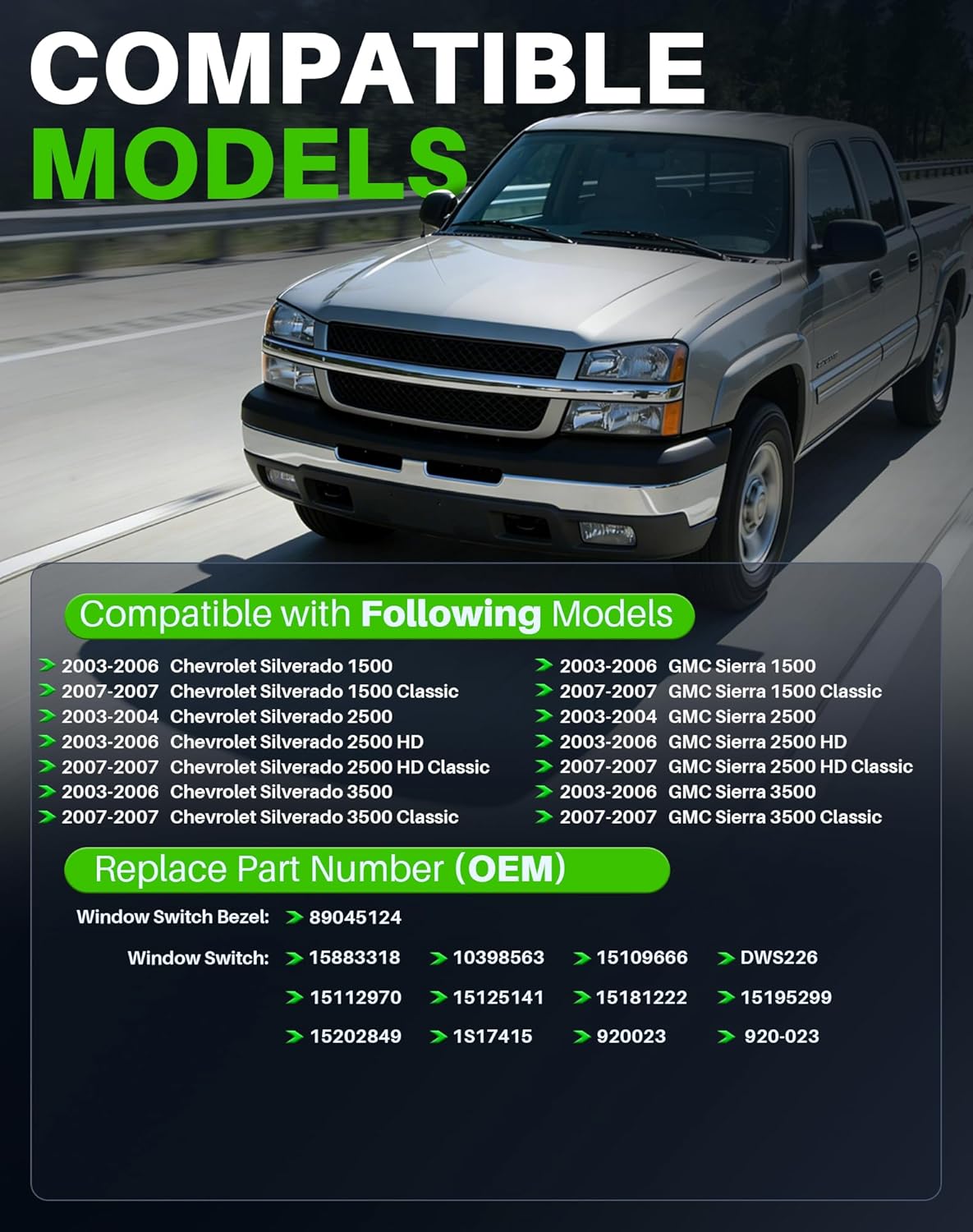 Power Window Switch Fit for Chevrolet Chevy Silverado 1500/2500/3500 & GMC Sierra 1500/2500/3500 (2003-2007) Front Left Driver Side, Replaces 920-023, 15883318