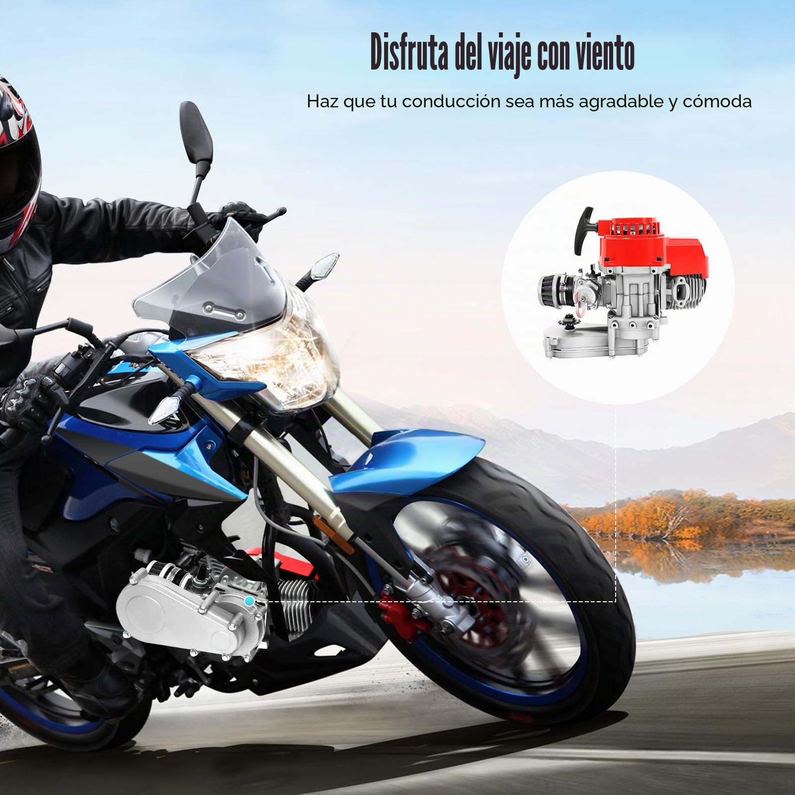 Pocket Bike Motor 49 ccm Motor de 2 tiempos 44 mm de orificio, Pocket Quad Motor L7TC bujías tamaño mini motor de gasolina motor de gasolina con asas y cable de acelerador, motores de pocketbike