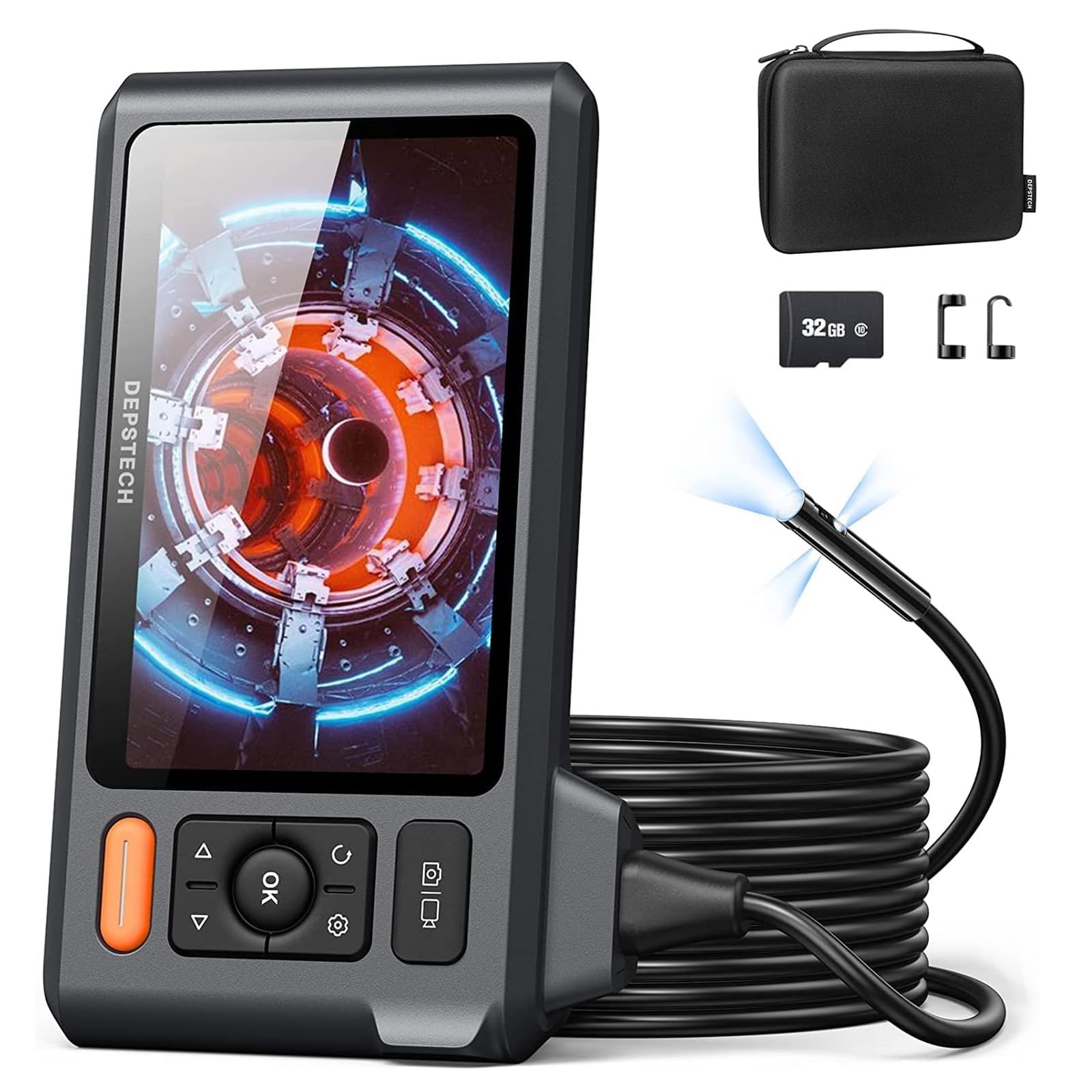 DEPSTECH DS520-TL Fiber Scope, 1080P, 5 Inch IPS Screen, Scope Camera, Large Screen Monitor, Snake Camera, Outer Diameter 0.3 inches (7.9 mm), Microscope, IP67 Waterproof, Industrial Inspection