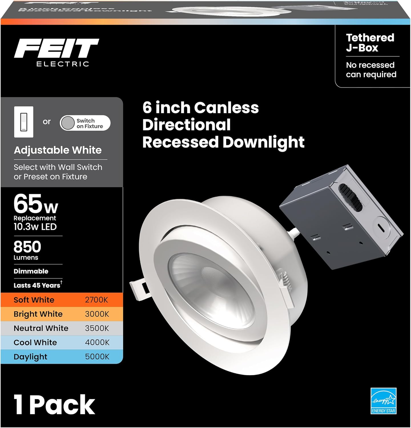 Feit Electric 6" LED Canless Directional Recessed Downlights w/Integrated J-Box, 65W Equivalent, Dimmable, 5CCT Adjusttable White, 850 Lumens, 50,000-Hour Lifetime, LEDR6XT/ADJ/6WYCA/4, 4-Pack