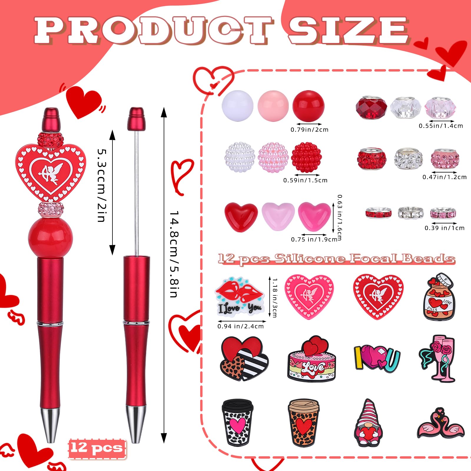 WEWAYSMILE 12pcs Plastic Bead Ballpoint Pen, Beadable Pens with Beads, Valentines Day DIY Gift School Office Supplies (pink) - Image 2