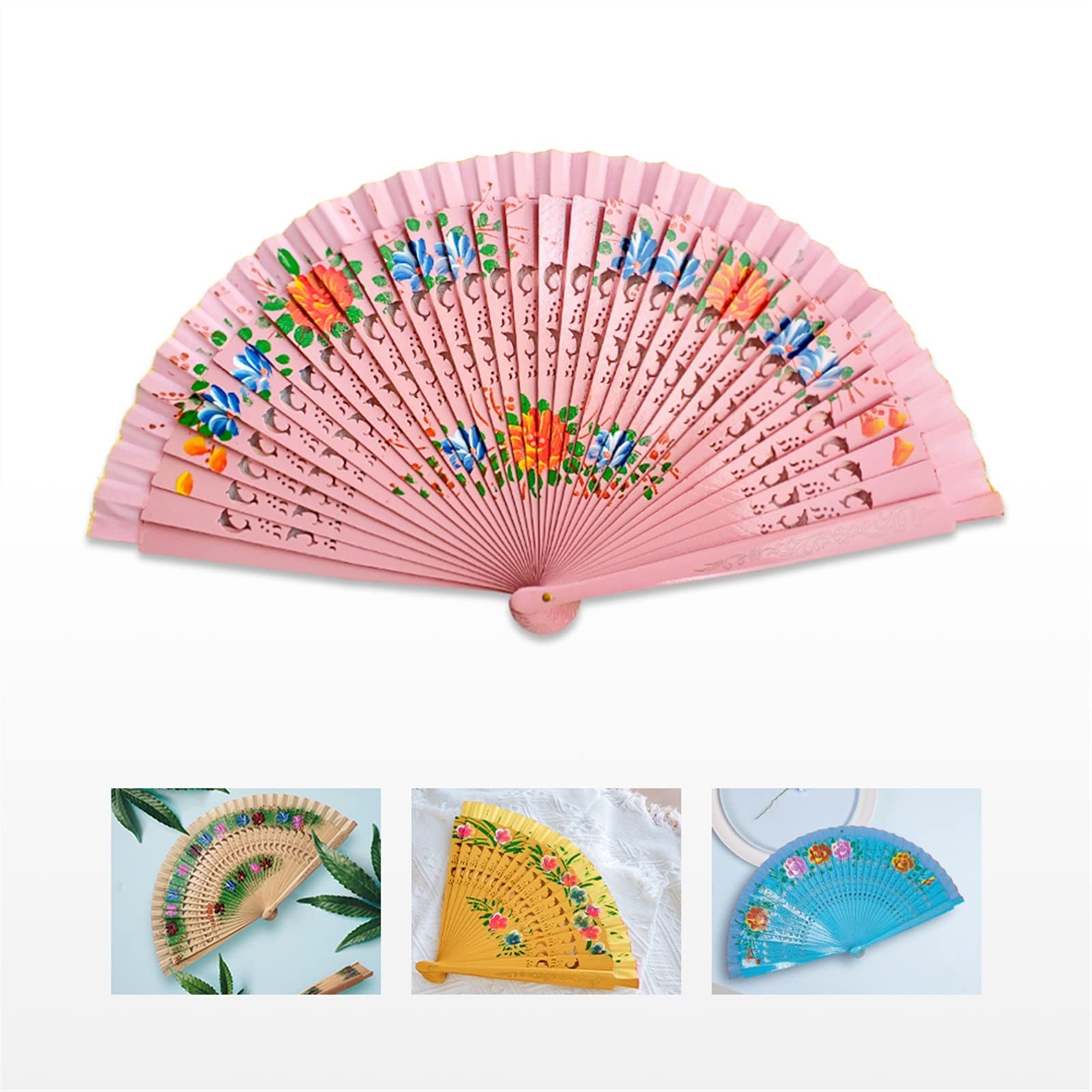 Abanico Plegable Abanico Español De Madera Para Bailar Impresión Abanico Plegable A Mano Decoración Del Hogar Adornos Regalos Artesanales Para Invitados Para Baile (Rosa Roja) (Rosa Roja) (Azul Claro)