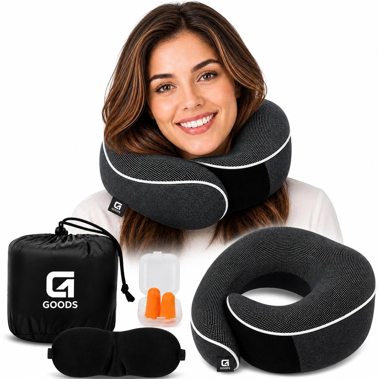 G4goods Dark Grey Travel Pillow For Adults, Memory Foam, 360 Degree Neck Support, With Eye Mask, Ear Plugs And Travel Bag