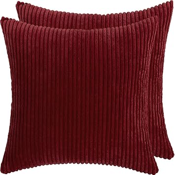 Corduroy Throw Pillow Covers 16x16 18x18 20x20 24x24 Inch Set of 2, Soft Comfortable Cushion Covers with Hidden Zipper, Modern Home Decor for Sofa Couch BedroomBurgundy,45x45 cm Set of 2