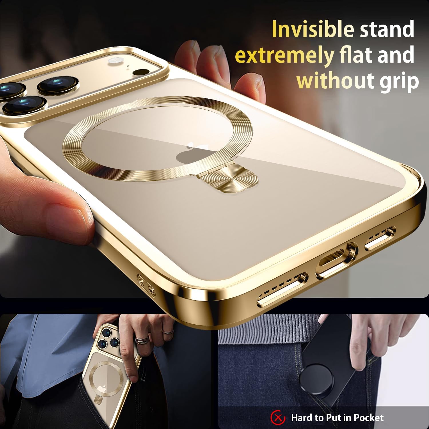 [CD Ring Compatible with MagSafe Invisible Stand]Magnetic for iPhone 17 Pro Case, [Electroplated Bumper Non-Yellowing][Look as Bare iPhone]Slim Clear Case with Holder for Women Men Girls, Gold - Image 5