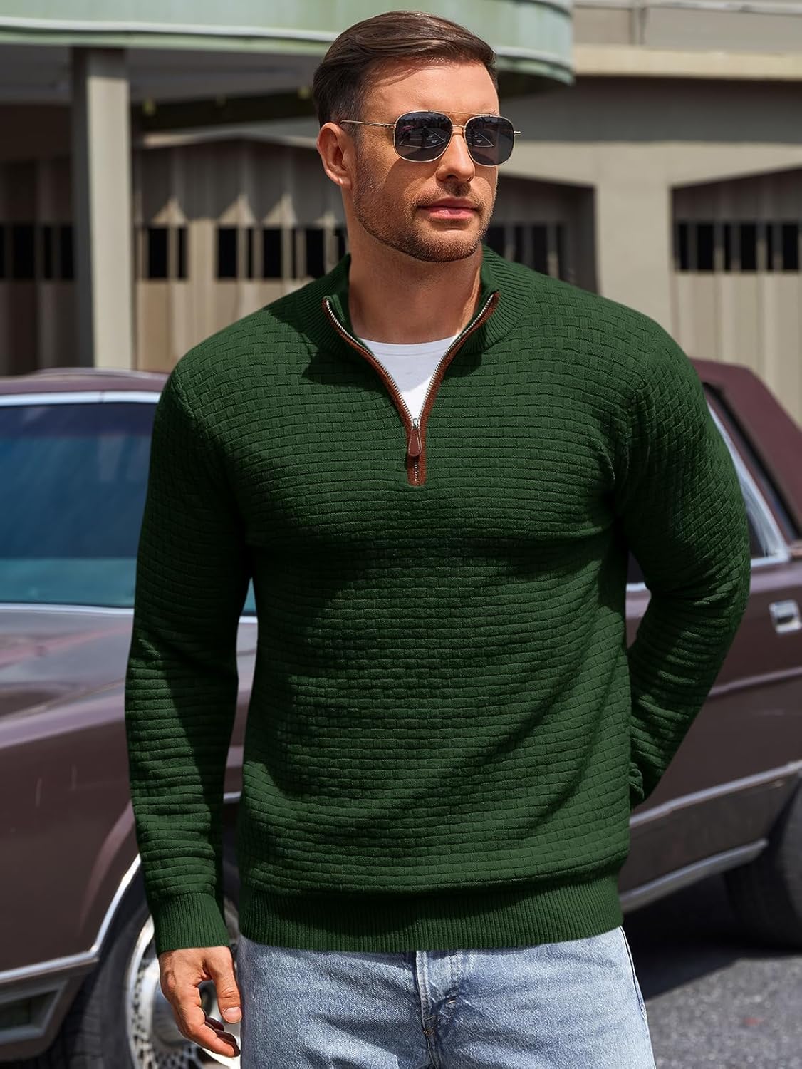 Runcati Mens Quarter Zip Pullover Sweaters Mock Neck Slim Fit Lightweight Pullover Waffle Knit Casual Polo Sweater - Image 4