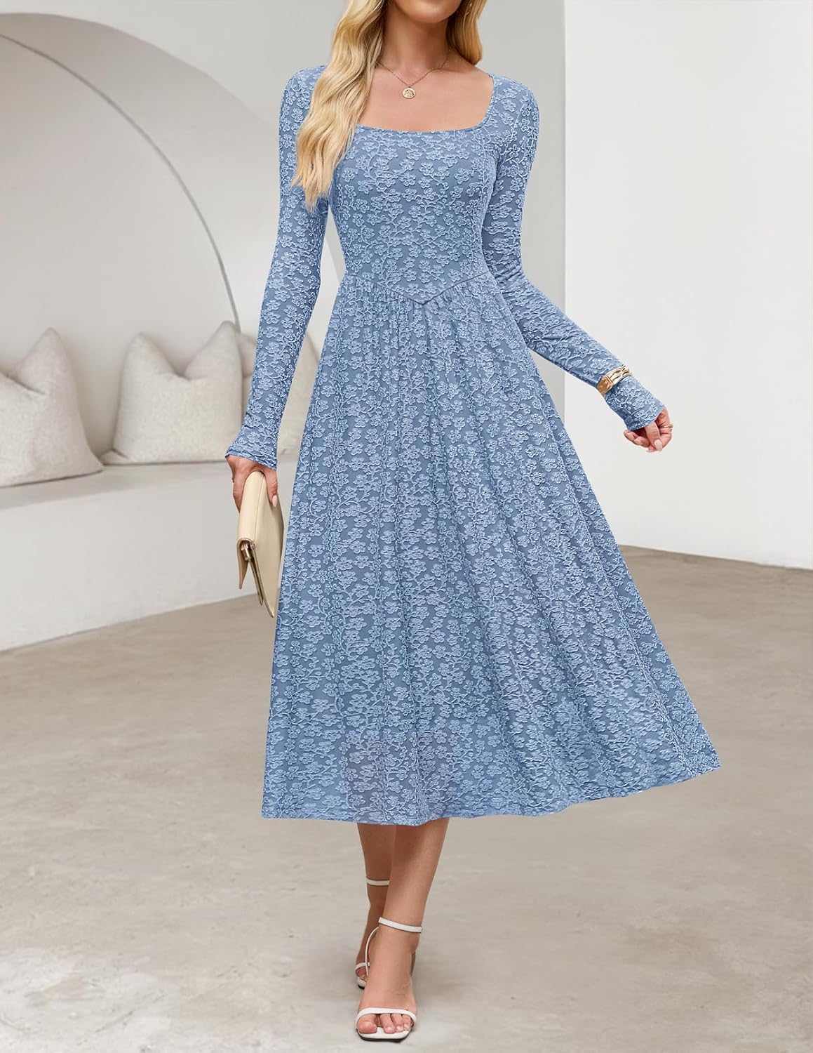 MEROKEETY Women's Floral 2025 Fall Midi Dresses Long Sleeve Square Neck Flowy A Line Wedding Ruched Dress Pockets - Image 2