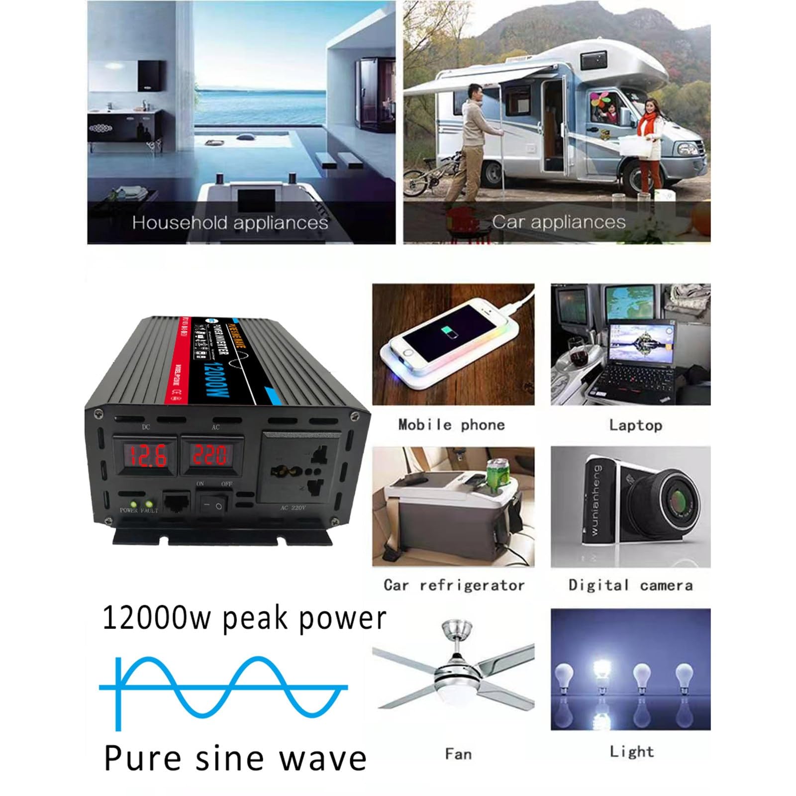 Genérico Inversor De Onda Sinusoidal Pura 3000W A 12000W, CC 12/24/48/60V A CA 220V, Pantalla Digital Dual Y 1 Toma Universal, Inversor De Energía Solar Independiente, para Uso Doméstico(12000W,12V)