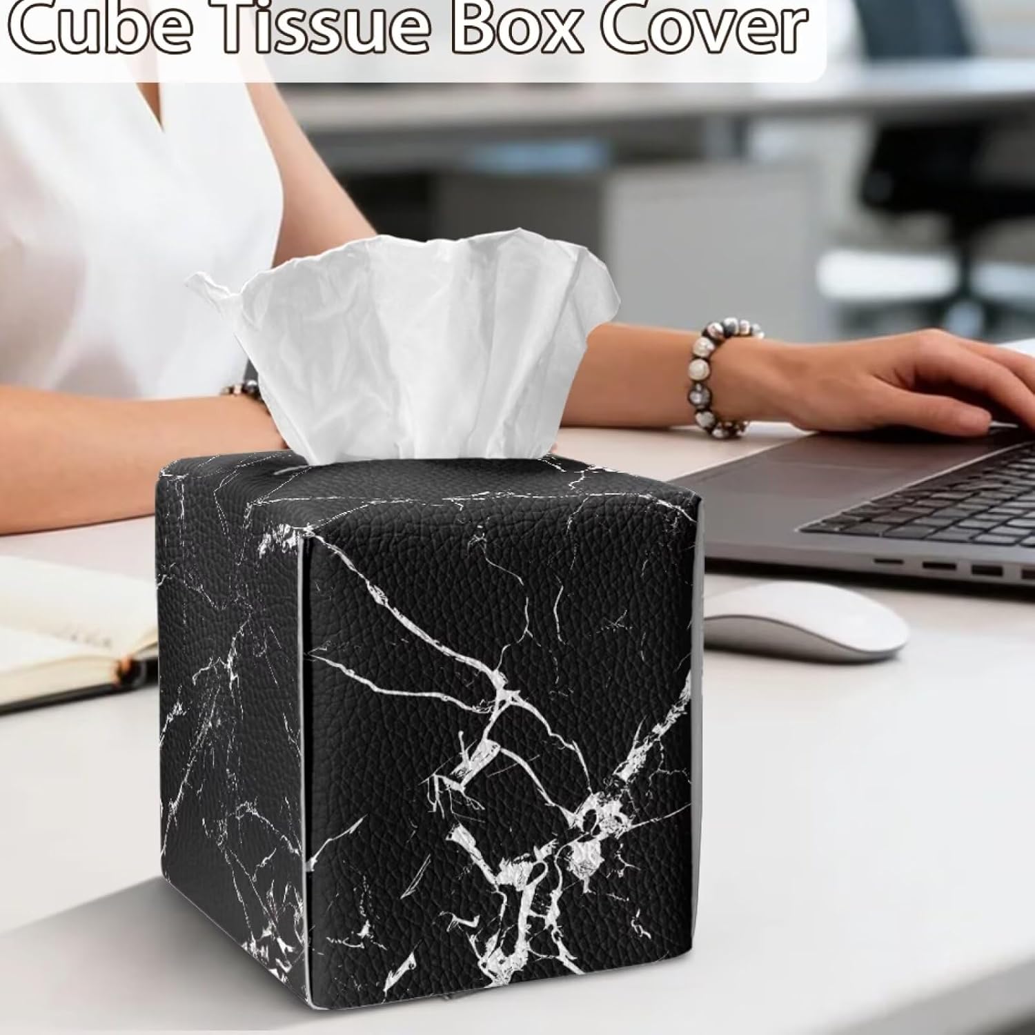 Talayituse Black Marble Print PU Leather Tissue Box Cover, Square Tissue Box Holder, Home Decor Facial Napkin Holder for Bathroom, Bedroom, Night Stand, Parlors, Offices image 4