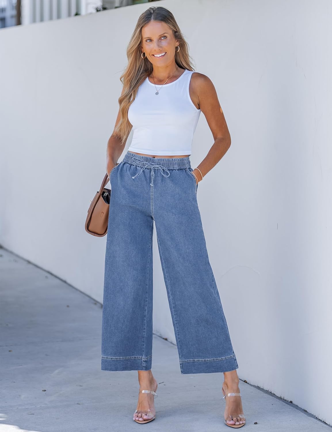 luvamia Wide Leg Jeans for Women High Waisted Cropped Pull On Jeans Elastic Wasit Drawstring Stretch Denim Trouser Pants - Image 9