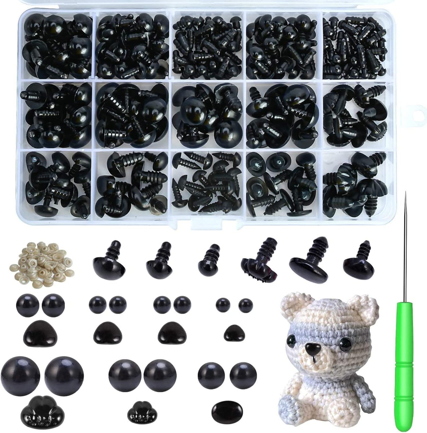ELECDON Safety Eyes and Noses, 462Pcs Black Plastic Stuffed Crochet Eyes with Washers for Crafts