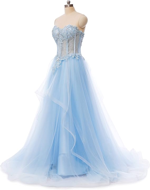WOWBRIDAL Women's Blue Lace Symmetrical Peplum Long Prom Dress