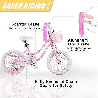 Glerc Daisy Girls Bike, 14 Inch Kids Bike for Ages 3-5 Years Old Children, Princess Style Kids Bicycle with Training Wheels & Basket & Streamers, Pink