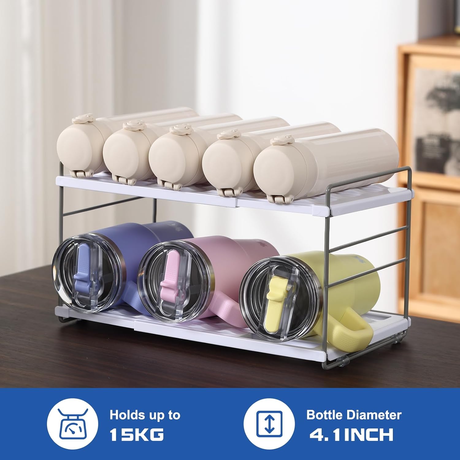 Water Bottle Organizer For Cabinet, Adjustable Tumbler Storage, Expandable 2 Tier Cup Organizer For Kitchen, Water Bottle Shelf Rack Holder For Pantry Countertop Fridge, White - Image 6