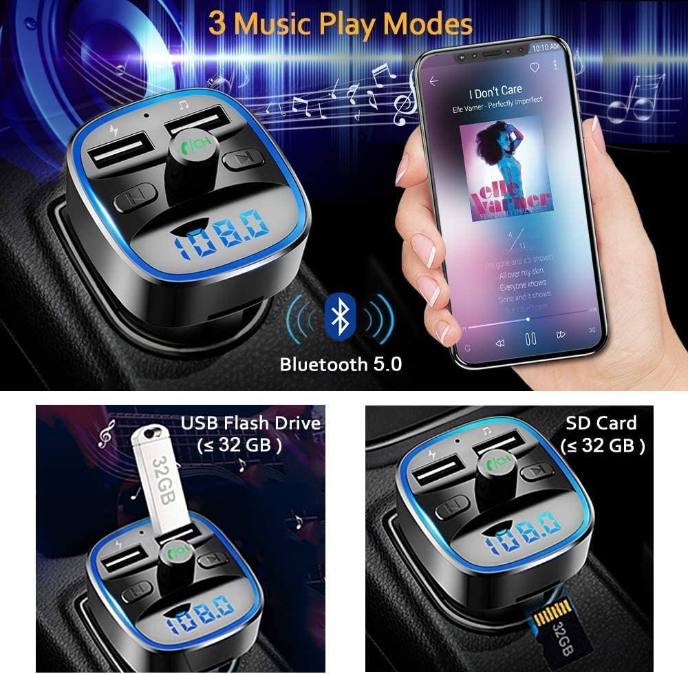 Bluetooth FM Transmitter for Car, Blue Ambient Ring Light Wireless Radio Car Receiver Adapter Kit with Hands-Free Calling, Dual USB Charger 5V/2.4A and 1A, Support SD Card, USB Disk (Black)