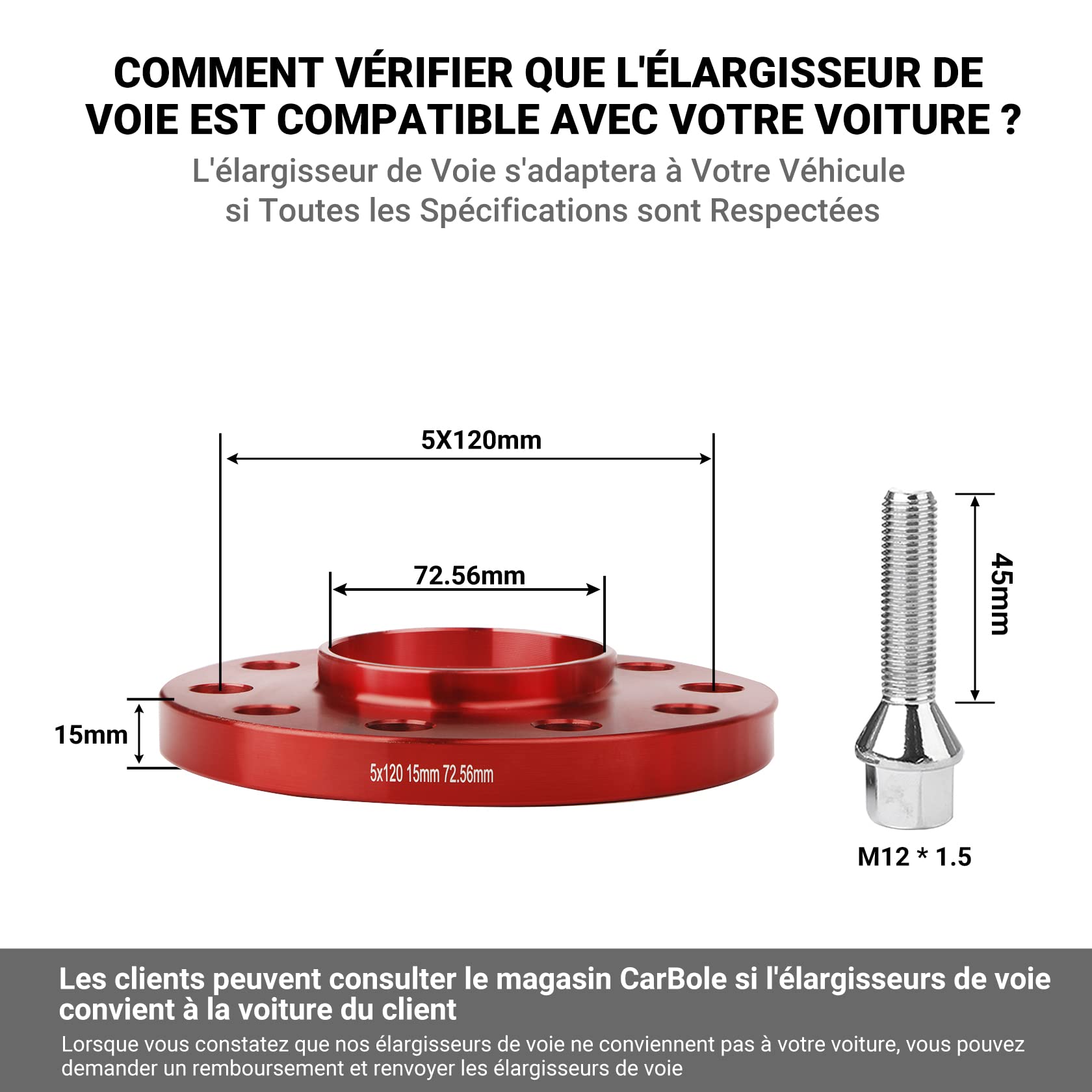 CarBole Élargisseurs de Voie 5x120 15mm, M12x1.5 NLB 72,56 mm | Compatible avec BMW, 2 Pièces Wheel Spacer Adapters, Nombre de Trous 10, Rouge