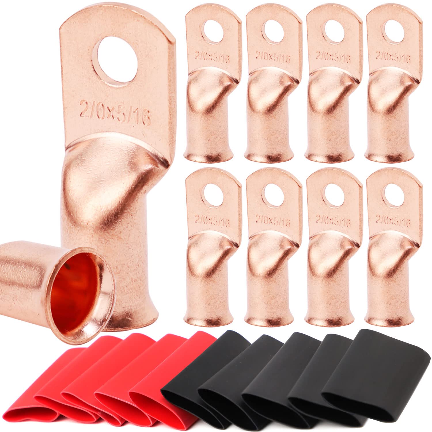 TKDMR 10pcs 2/0 AWG-5/16 Battery Lugs,Heavy Duty Wire Lugs,Ring Terminals,Battery Cable Ends,0 Guage terminals,Battery Terminal Connectors with 10pcs 3:1 Heat Shrink Tubing