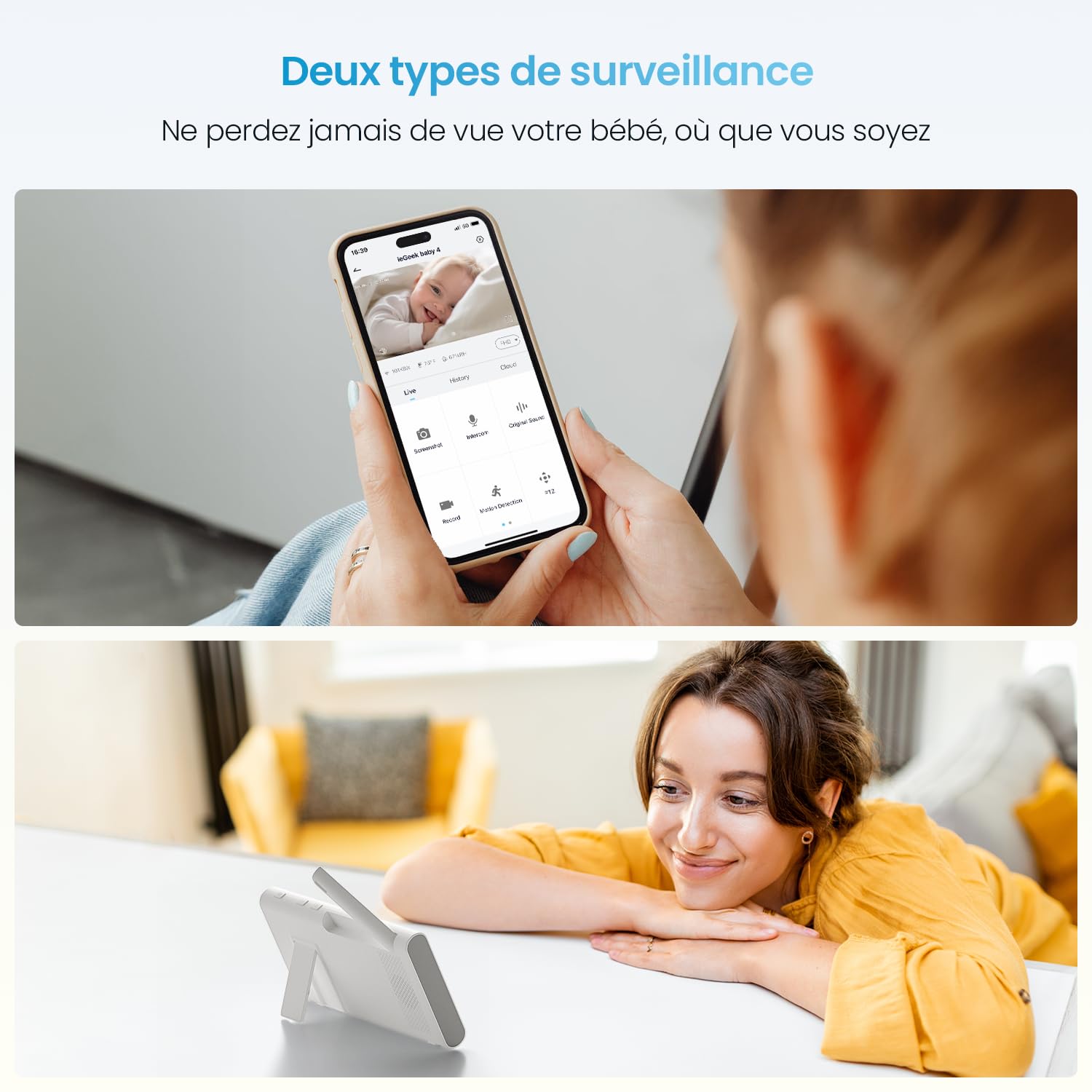 ieGeek Baby Monitor Video con 2 Fotocamere, 4.3" HD Telecamera Neonato Controllo Tramite APP Mobile & Monitor LCD, Avvisi Intelligenti/Visione Notturna/Tracciamento Automatico/Temperatura e Umidità