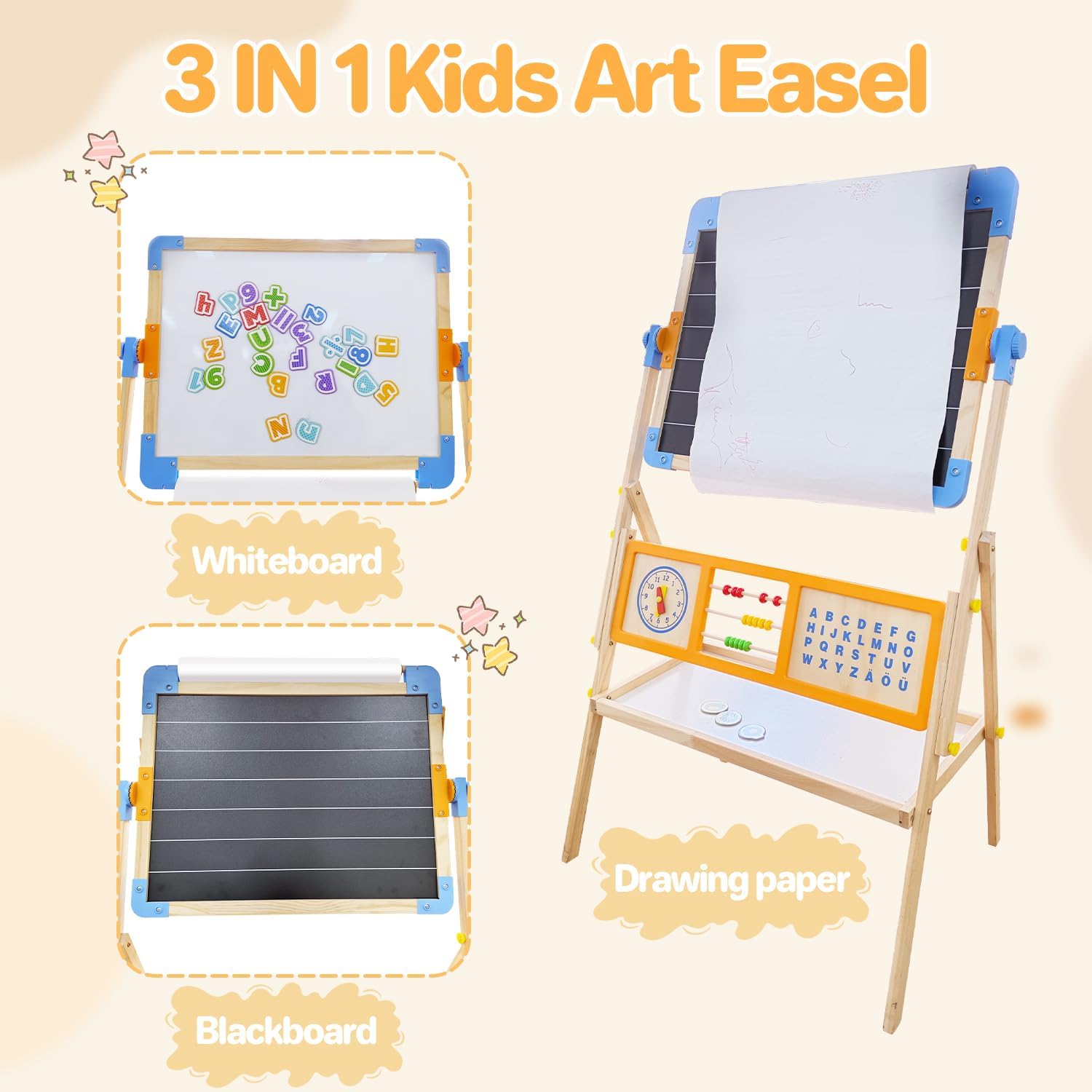 Asweets 3 in 1 Kids Art Easel, Magnetic Whiteboard/Chalkboard with Drawing Paper Roll, Abacus/Clock/Alphabet Chart - Educational Toy for Toddlers Preschoolers (3-8)