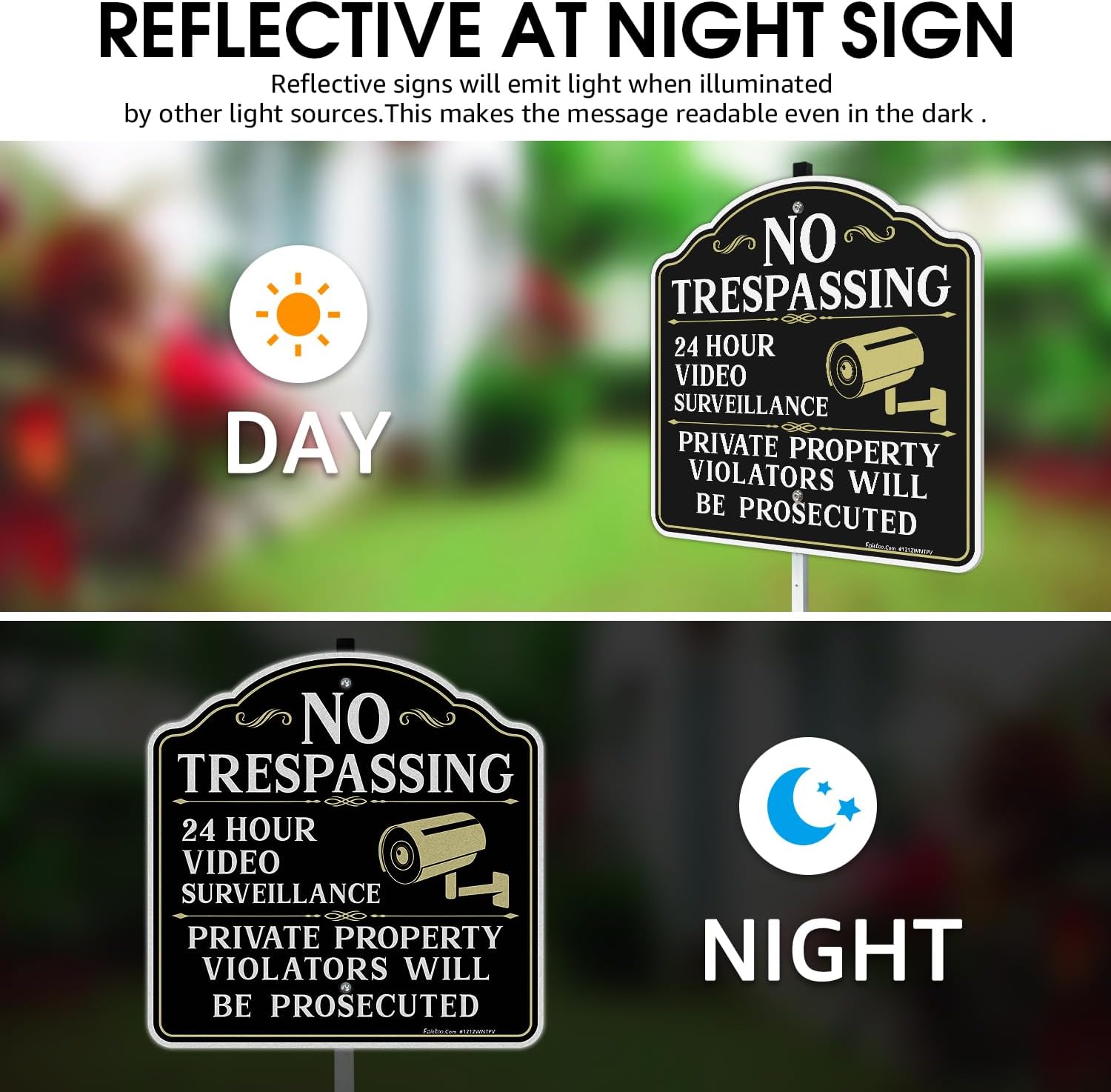 Faittoo No Trespassing Signs Private Property Video Surveillance Sign with 42" Stake, 2-Pack 12"x12" Rust Free Aluminum, Reflective, 2 Pre-drilled Holes, Includes Matching Screws & Wren (White)