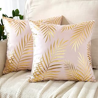 JOTOM Decorative Cushion Cover Gold Hot Embossed Cushion Cover Modern Warm Sofa Cushion Decorative Cushion Cover Set of 2 45 x 45 cm for Couch Bed Sofa Chair Outdoor Garden (Velvet Golden Leaves