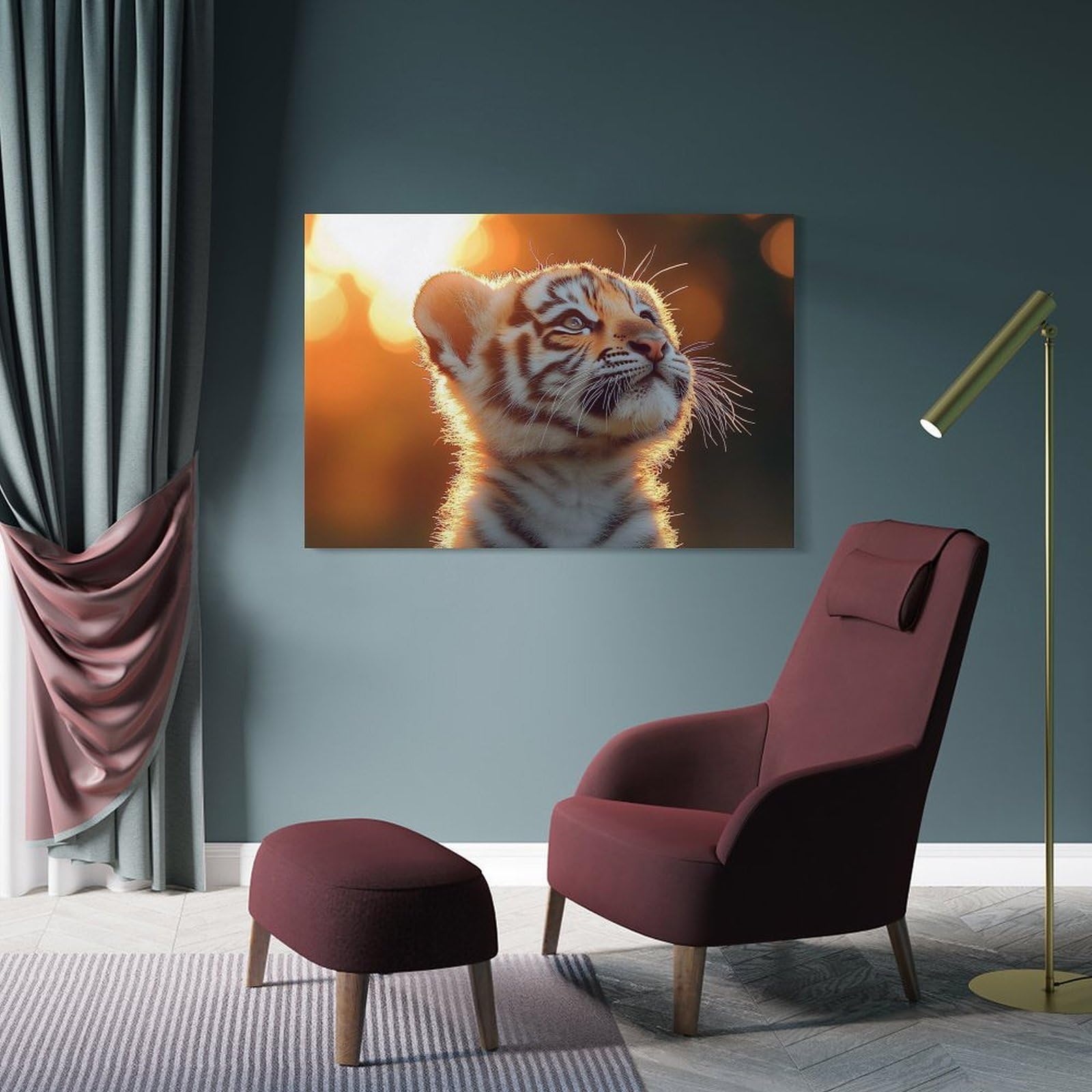 Junmoney Wall Art Print Tiger Cub Portrait in Golden Light, 12x18inch(30x45cm), for Bedroom Decor, Cosy Corners Or Studios, Decorative Wall Art for Cosy Rooms