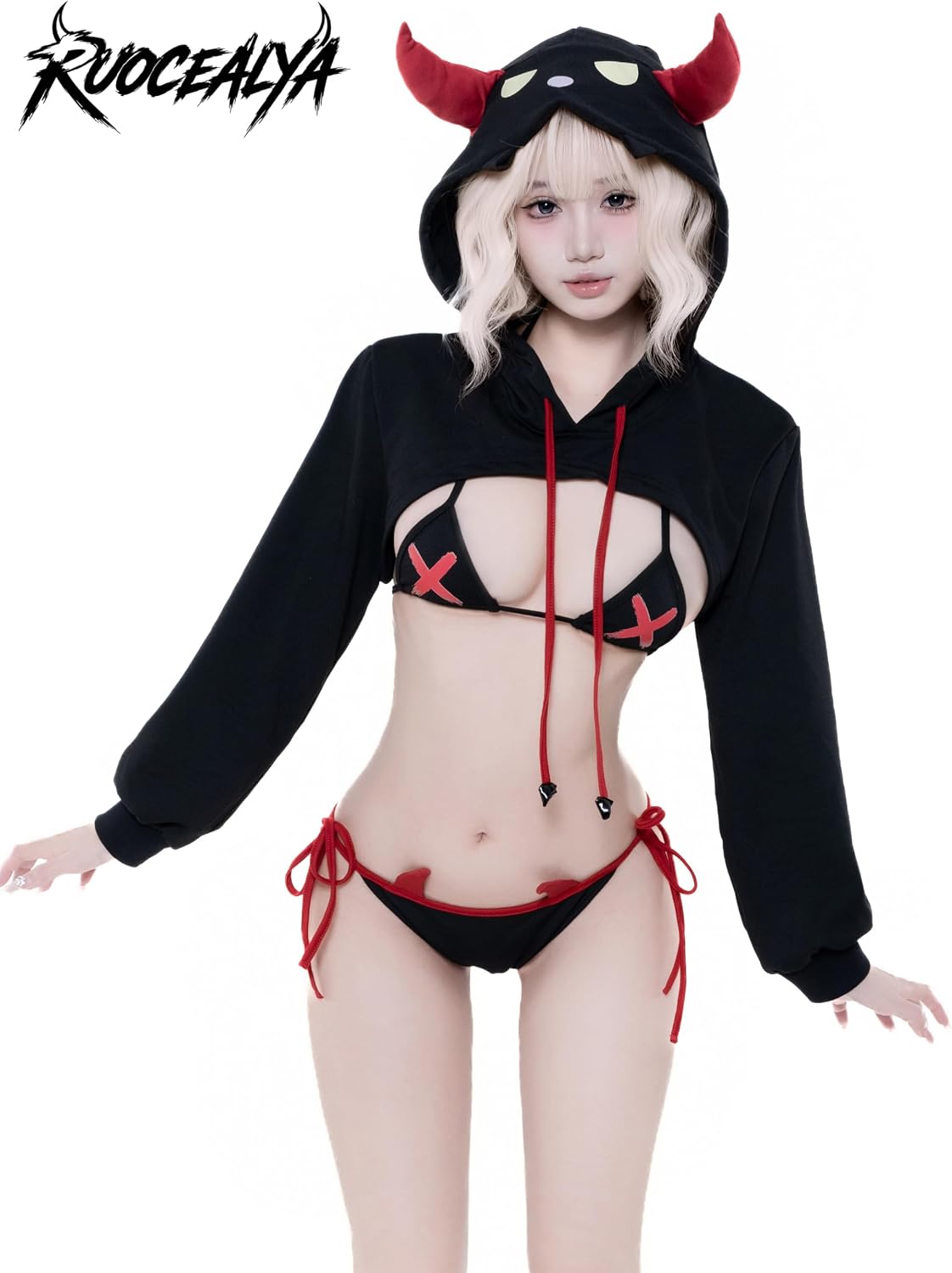 Sexy Devil Hoodie Lingerie Set 3 Piece Cosplay S-M | Devil Inspired Cosplay Set with Hoodie, Bikini Top and Tie Back Bottoms for Halloween Party and Role Play