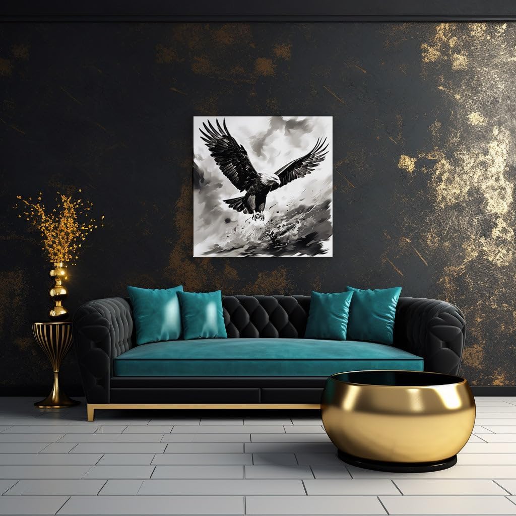 Canvas for Living room. Majestic Flight of the Bald Eagle: A Study in Black and White Digital Artistry, 27 x 18 inch Canvas Wall Art - Ready to Hang - 69x46 cm (27x18 inch)