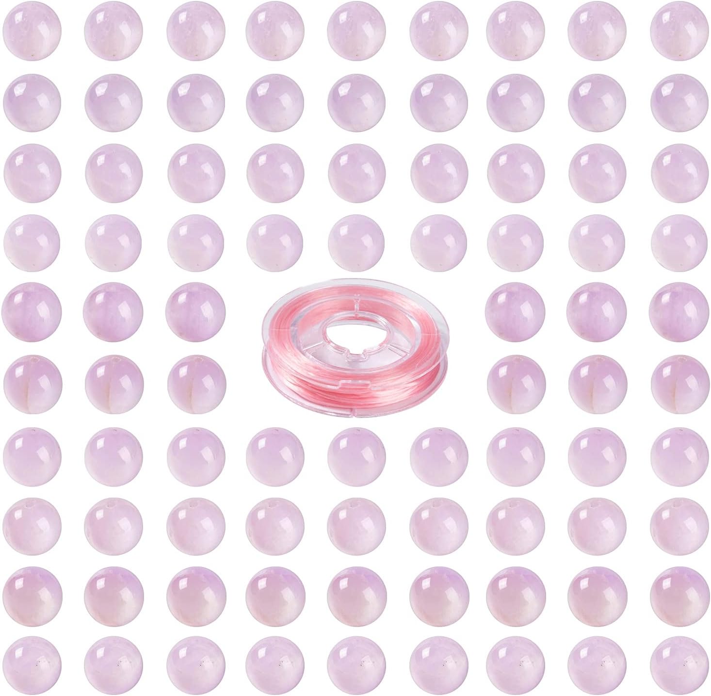 FASHEWELRY 100Pcs Natural Kunzite Beads 8mm Round Gemstone Loose Beads with Elastic Crystal Thread for DIY Bracelet Necklaces Jewelry Making