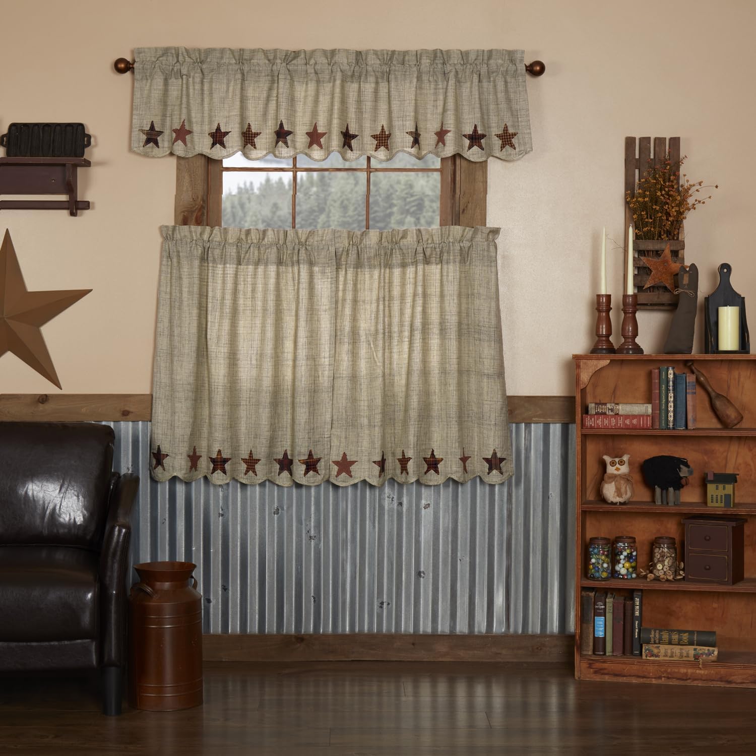 VHC Brands Abilene Star 3 PC Tan Curtain Set (1 Valance 16x72 and 2 Tier 36x36)