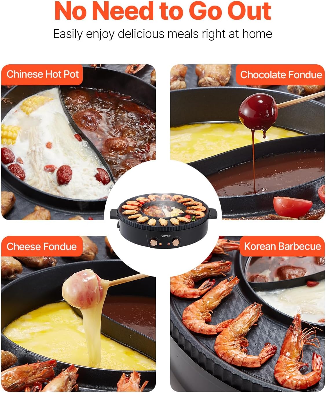Various dishes being cooked on the VEVOR 2-in-1 Electric Hot Pot and Grill, including Chinese Hot Pot, Chocolate Fondue, Cheese Fondue, and Korean Barbecue
