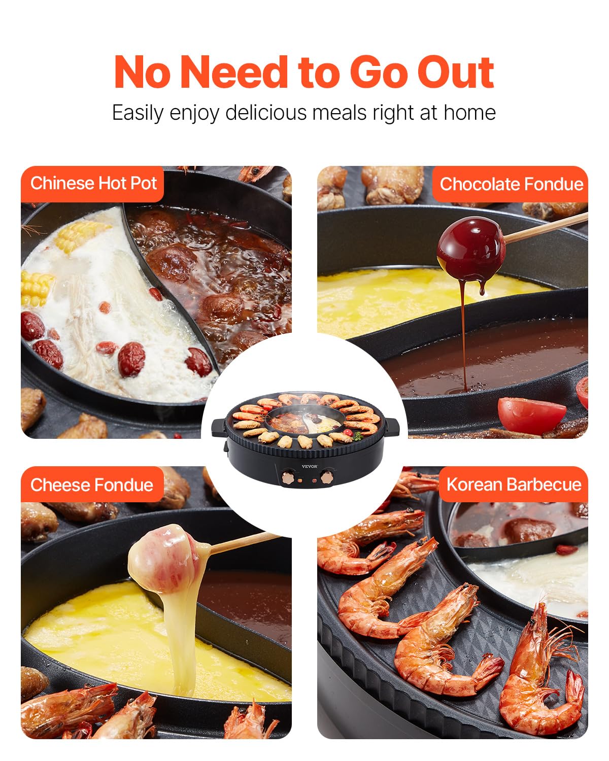 VEVOR Appareil à Fondue Chinoise avec Gril 2-en-1, Hot Pot Électrique 1800 W, Fondue Électrique avec Double Contrôle de Température Séparé, Poêle Antiadhésive, pour Barbecue Coréen Shabu Shabu Hotpot