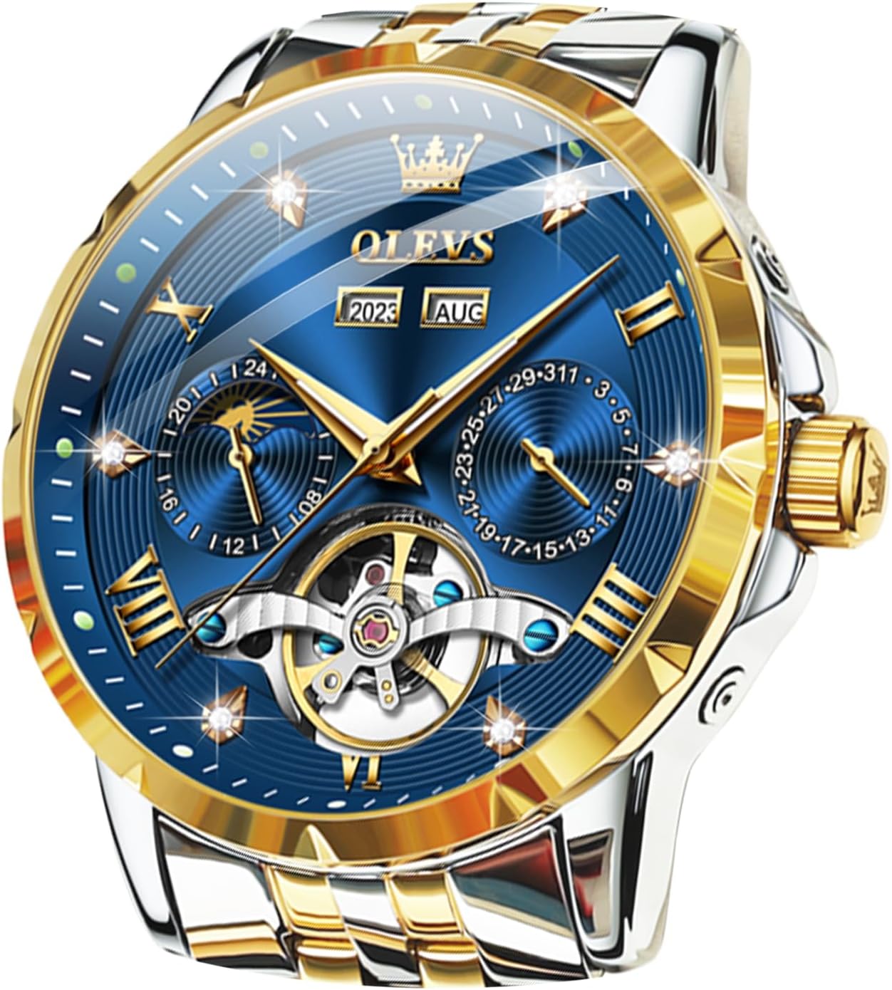 OLEVS Automatic Watches for Men Self Winding Mechanical Skeleton Luxury Dress Stainless Steel Diamond Men Wrist Watches