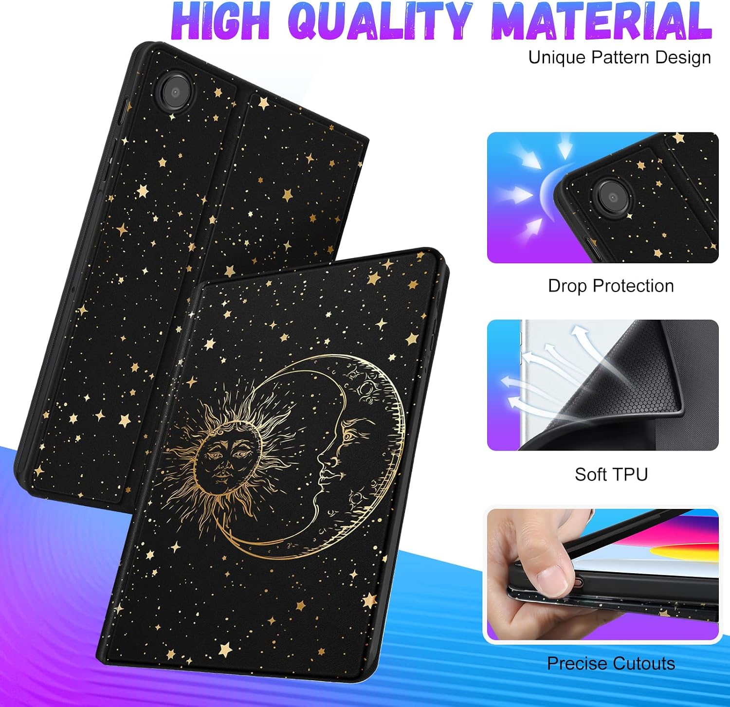 Uppuppy for Samsung Galaxy Tab A8 Case 10.5 Inch Kids Cute Cool Folio Women Girls Teen Boys Sun Moon Black Design Fashion Tablet Cover for Samsung A8 Tab Cases SM-X200/X205/X207 image 4