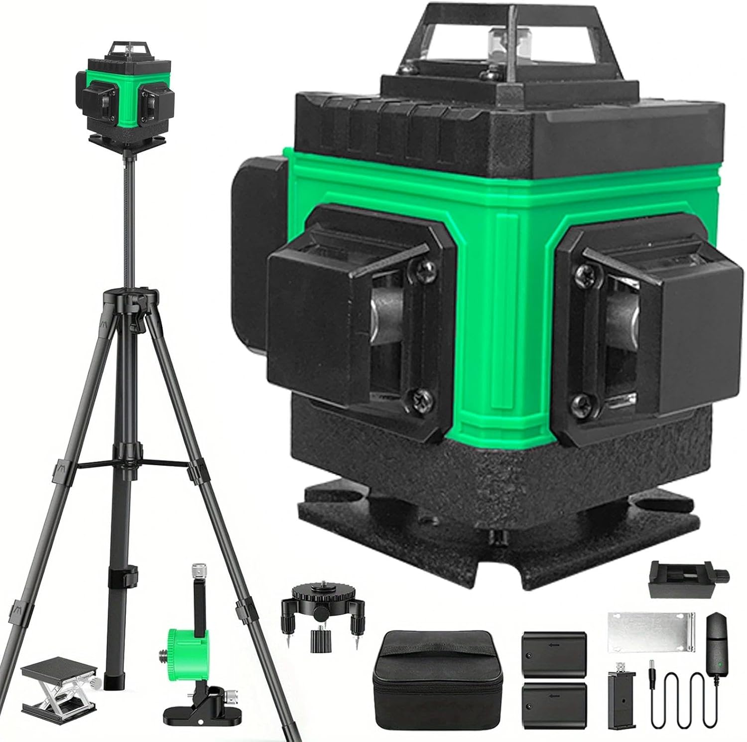 Green Laser Level Kit 360° Self-Leveling, 16 Lines, Remote Control, Rechargeable Battery, Tripod Stand, Portable Hard Case - Ideal for Construction & Picture Hanging, Indoor/Outdoor Use laserpower<1mW