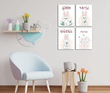 Bebek ve  ocuk odalar  i in g zel, tatl ,  irin ve mutlu 4 l  ah ap tablo seti