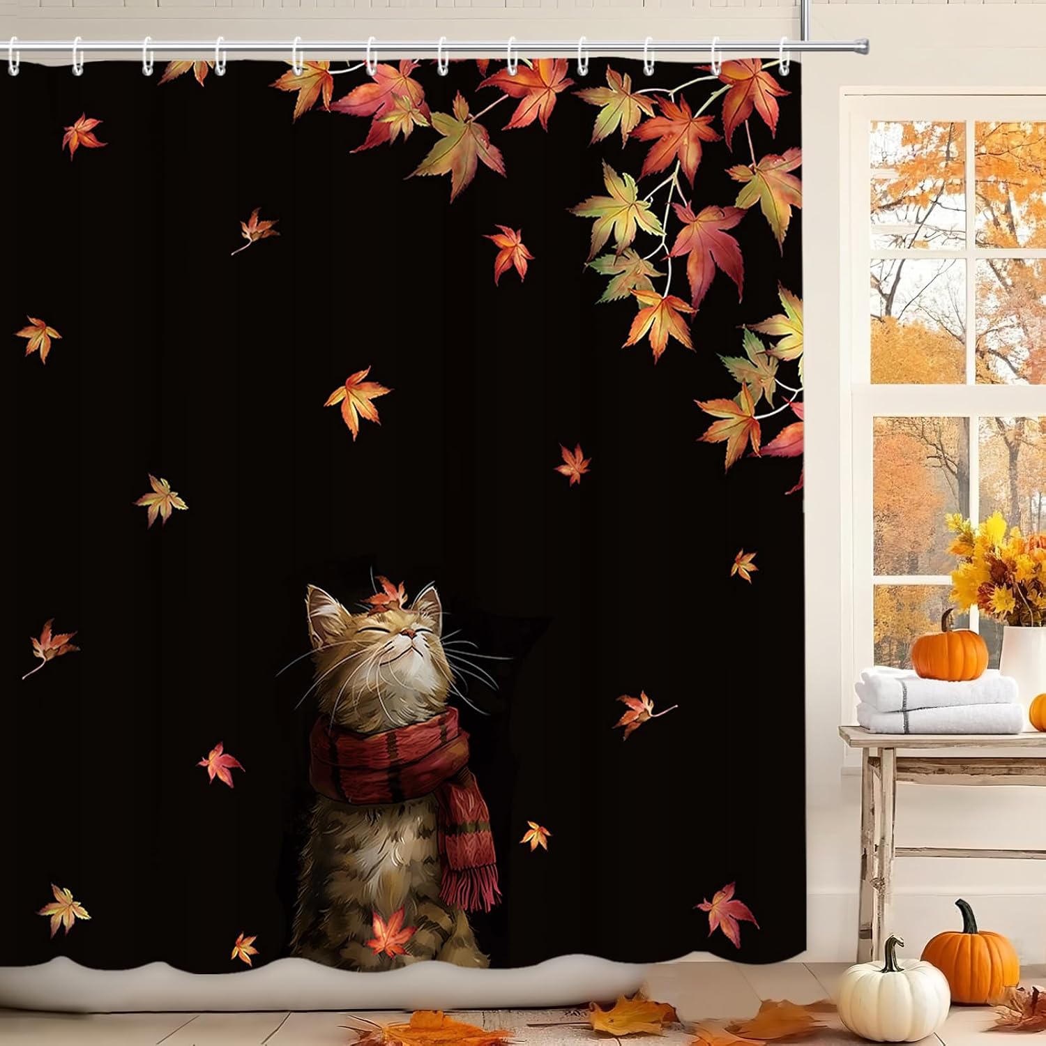 MEHOFOND Fall Cute Cat Shower Curtain Maple Leaf Farmhouse Bath Curtain