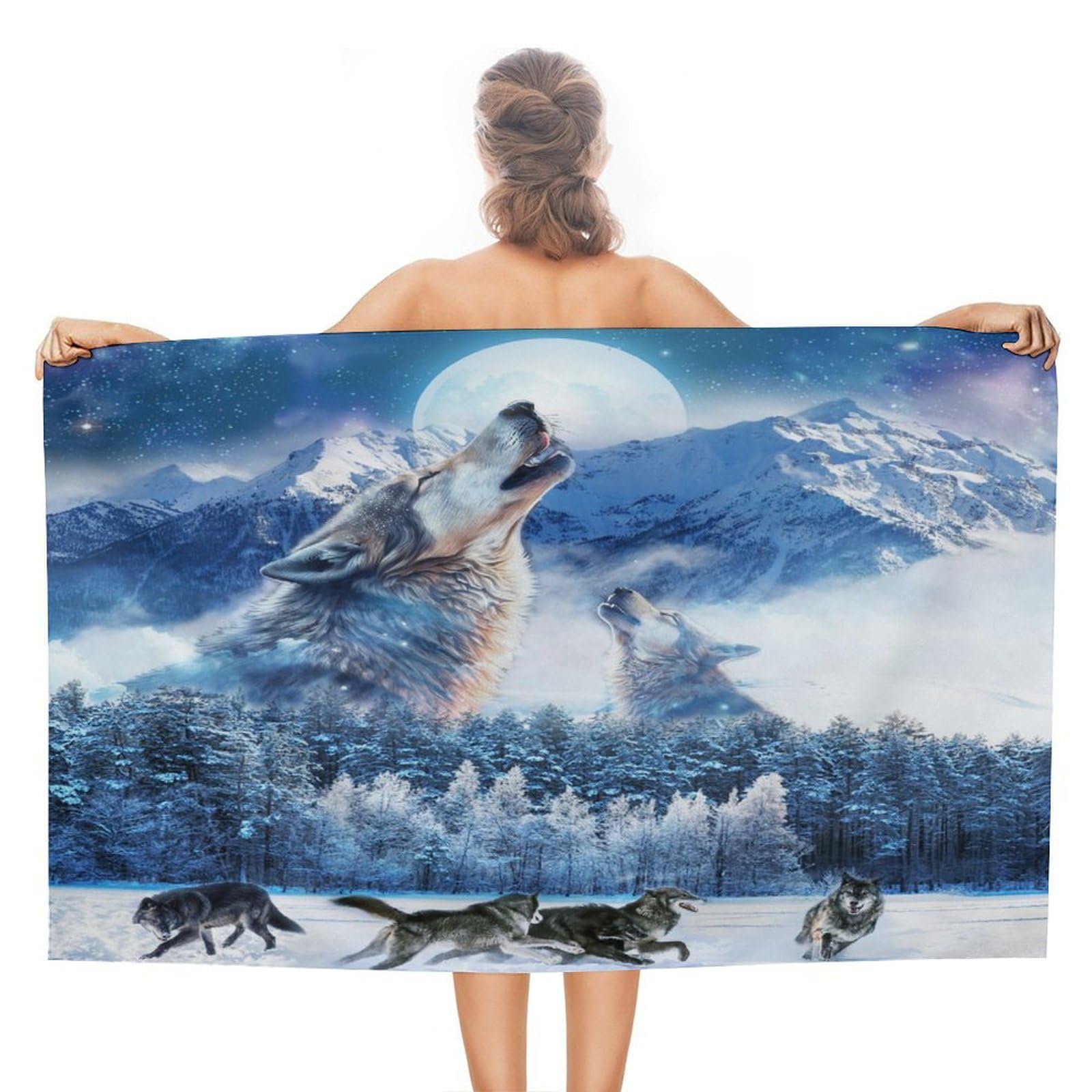 Coalho Fantasy Forest Galaxy Wolf Beach Towel For Adults Extra Large,Modern Winter Misty Snowy Mountain Wolves Howling Beach Towel Hotel Gym Beach Pool Towel-51 X31