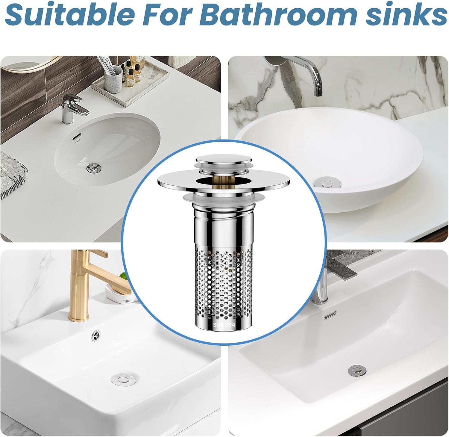 Bathroom Sink Drain Strainer，Pop Up Sink Drain Filter with Removable Stainless Steel Filter Basket Hair Catcher，Bathroom Drain Stopper Sink Plug for 1.1"-1.45" Basin Drain Holes (1PCS) (3PCS)