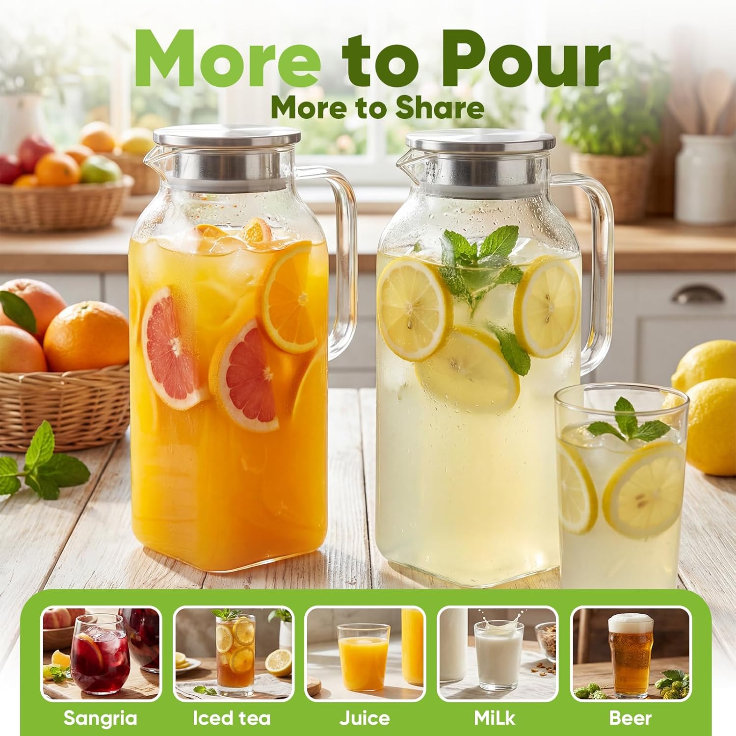 2-Pack 1 Gallon Glass Pitcher with Lid & Spout, Borosilicate Carafe for Hot/Cold Drinks, Large Iced Tea Water Jug with Handle, Fridge Safe & Dishwasher Safe - Image 3