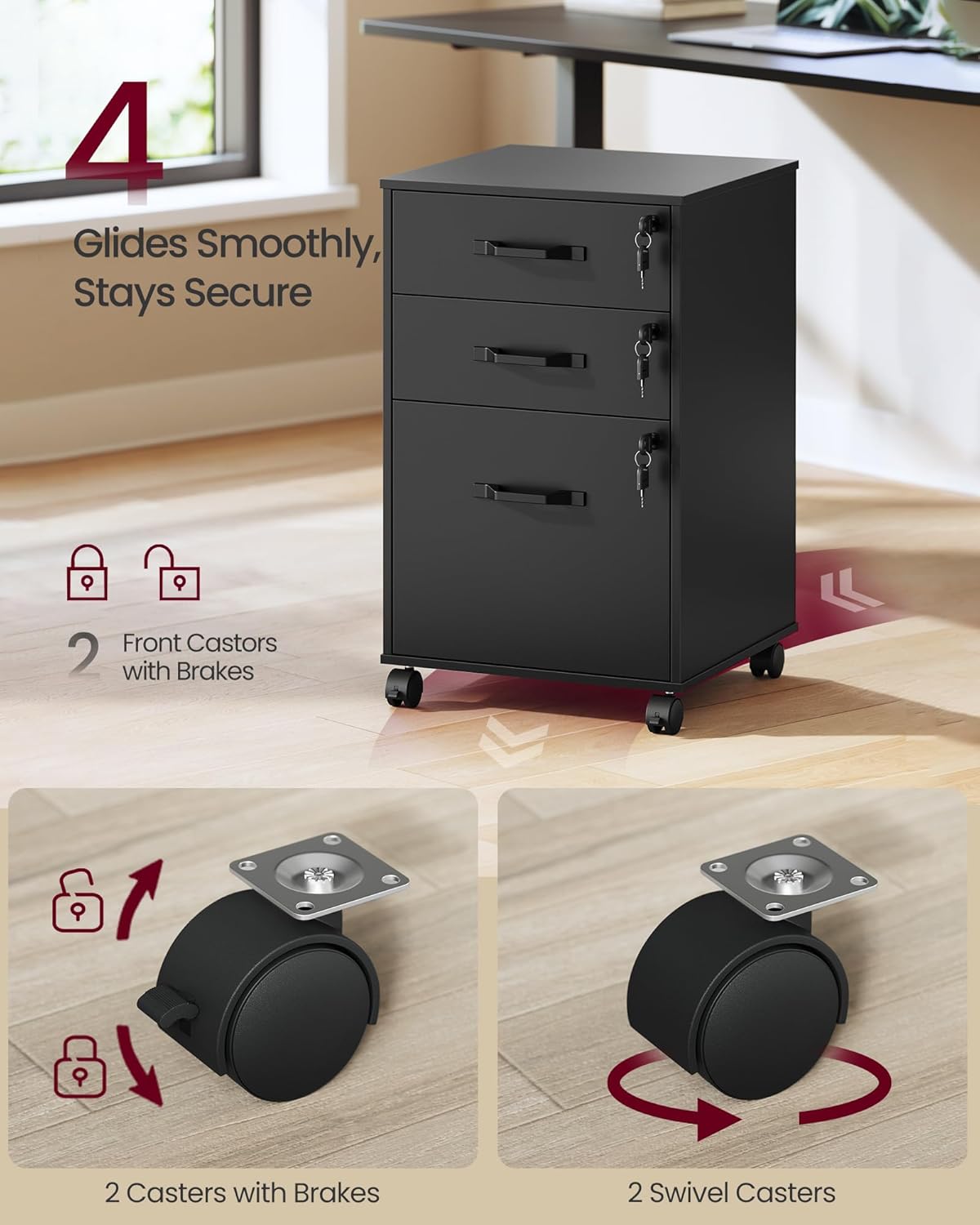 VASAGLE Mobile File Cabinet, 3 Drawers Filing Cabinet with Wheels, for Home Office, for A4, Letter Sized Documents, Adjustable Hanging Rail for File Folders, Lockable, Ink Black UOFC084BC01S